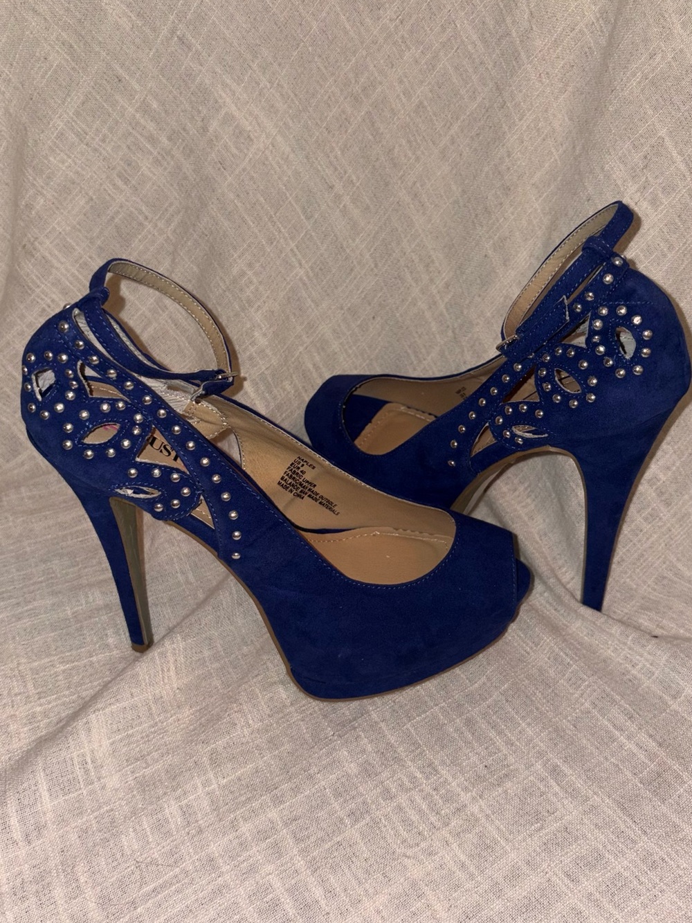 JustFab Royal Blue Suede Peep-Toe Platform Heels with Ankle Strap